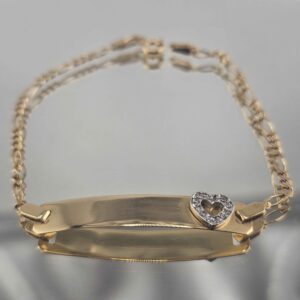 9ct Figaro ID CZ Heart Bracelet 7"
